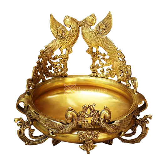 Brassaura® Peacock Brass Urli | Handcrafted Decorative Centerpiece | Height 15 Inches & Weight 11.3 Kgs