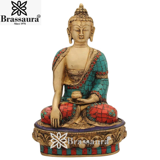 Brass Artistic Gem Stone Work Buddha Weight 3.2 Kg & Height 10 Inch
