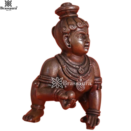 Brassaura® Bala Gopal Crawling Idol with Antique Brown Finish | Pure Copper Handcrafted Murti | Copper Statue for Home Temple, Pooja Room | Height 4 Inches | Weight 0.83 Kgs