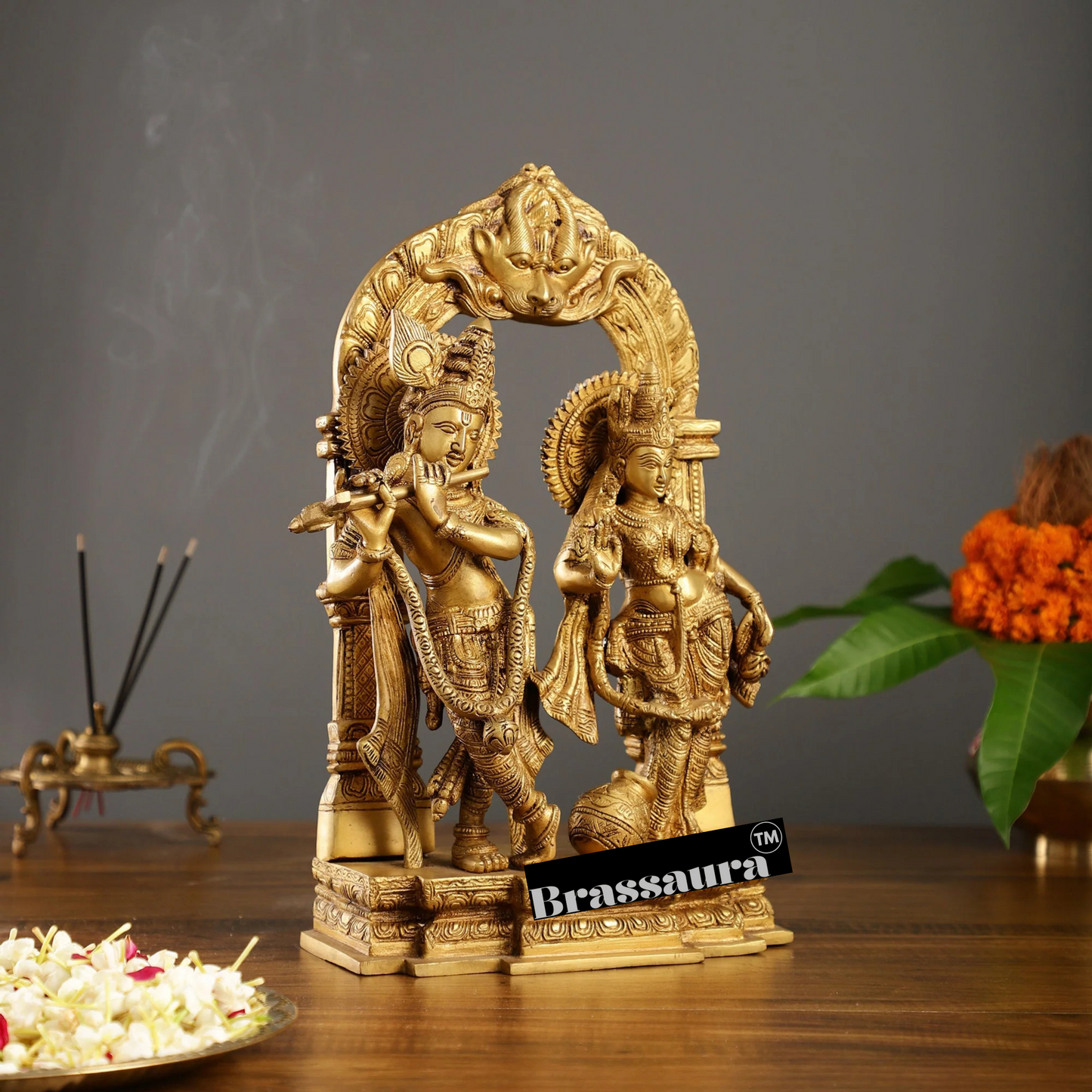 Brassaura™ Handcrafted Radha Krishna Brass Idol with Yali Prabhavali – 14 Inch Height, 7.5 Kg | Divine Flute & Butter Pot Detail