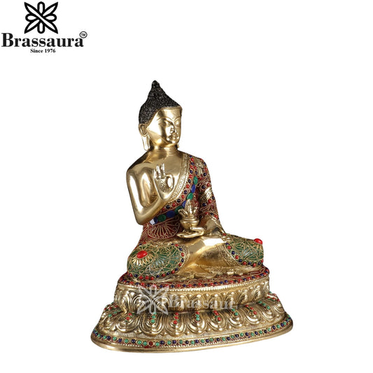 Brass Blessing Gem Stone Work Buddha Weight 7.3 kg & Height 15 Inch