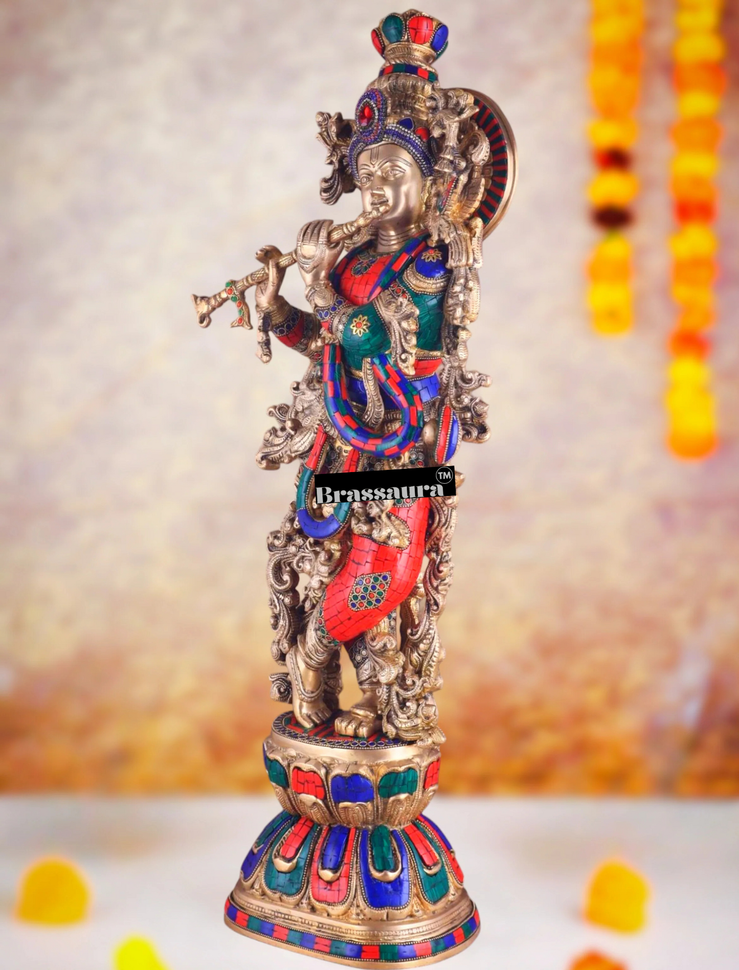 Brassaura™ Pure Brass Lord Krishna Statue with Stonework – Height 30 Inches & Weight 17.5 Kgs