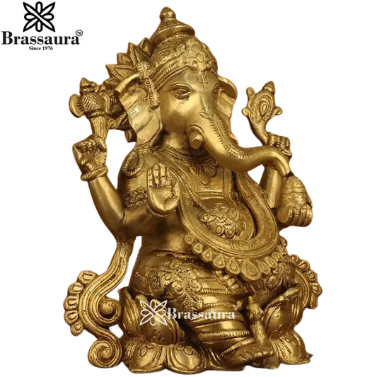ब्रसौरा® अलंकृत बैठे गणेश पीतल की मूर्ति सजावटी बैकरेस्ट के साथ | पारंपरिक शिल्प डिजाइन | ऊंचाई 8.5 इंच