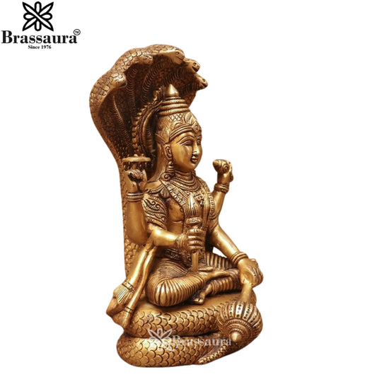 Brassaura® Vishnu Idol Sitting on Seshnaag | Pure Brass | Height 12.5 Inches