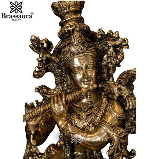 Brassaura® Lord Krishna Playing Flute Idol with Antique Finish | Pure Superfine Brass Handcrafted Murti | Brass Statue for Home Temple, Pooja Room | Height 29 Inches | Weight 15 Kgs