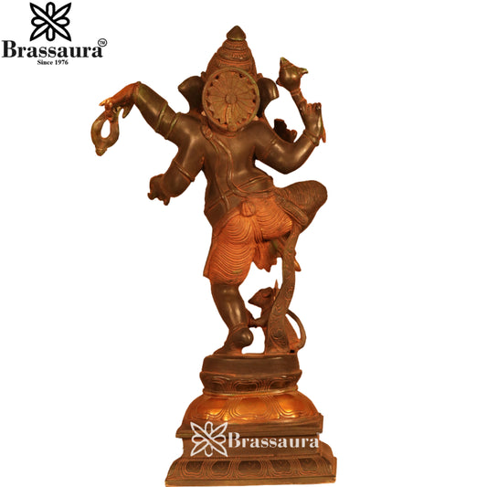 ब्रासुरा® नृत्य गणेश ब्रास स्टैच्यू कॉपर गोल्ड फिनिश के साथ | शुद्ध पीतल | ऊंचाई 19 इंच