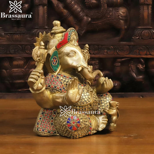 Brass Gem Stone Work Ganesha Weight 9 Kg & Height 12 Inch