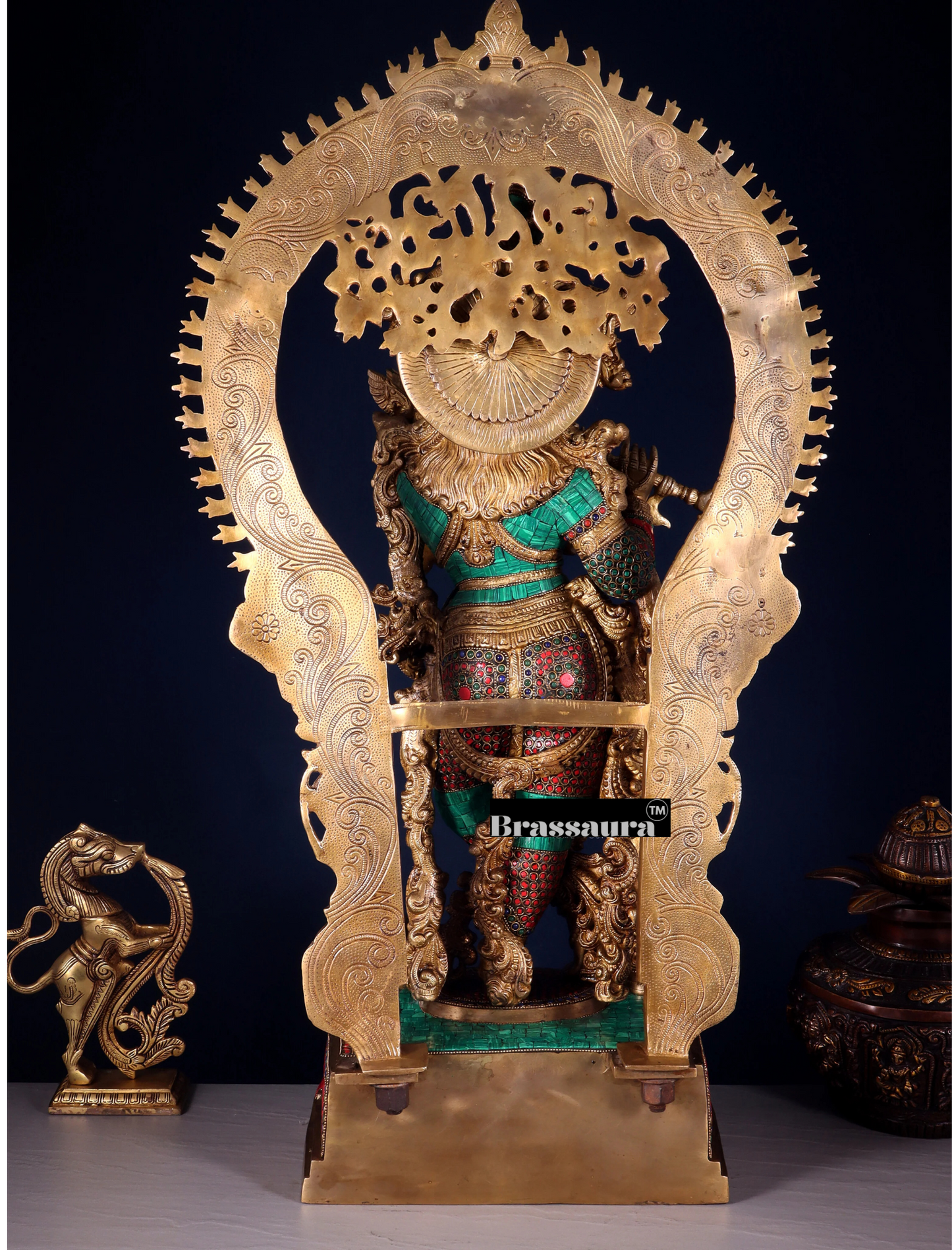BrassAura™ Pure Superfine Brass Krishna Statue with Large Prabhavali Frame – Intricate Stonework | Height 33 Inch | Weight 35 Kg