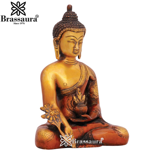 Brassaura® Buddha Seated Bhumisparsha Mudra Idol with Golden And Brown Finish | Pure Superfine Brass Handcrafted Murti | Brass Statue for Home Temple, Pooja Room | Height 7 Inches | Weight 1.8 Kgs