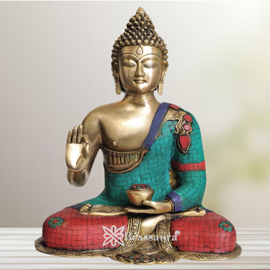 Brassaura® Buddha Sitting in Blessing Mudra Idol with Gem Stone Work Finish | Pure Superfine Brass Handcrafted Murti | Brass Statue for Home Temple, Pooja Room | Height 18.5 Inches | Weight 11 Kgs