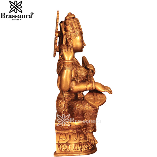 Brassaura™ Brass Saraswati Statue – Height 17 Inches & Weight 12.4 Kgs | Home Temple Décor