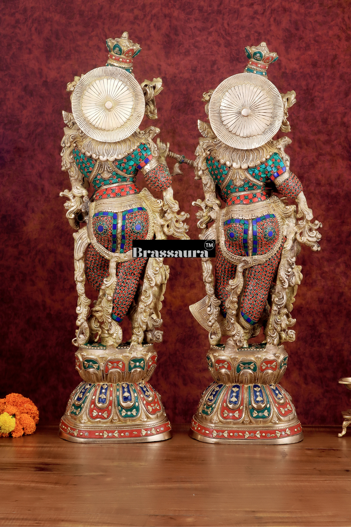 Brassaura™ Handmade Brass Radha Krishna Idol Pair with Meenakari – Height 30 & 29 Inches & Weight 35 Kgs | Elegant Devotional Statues