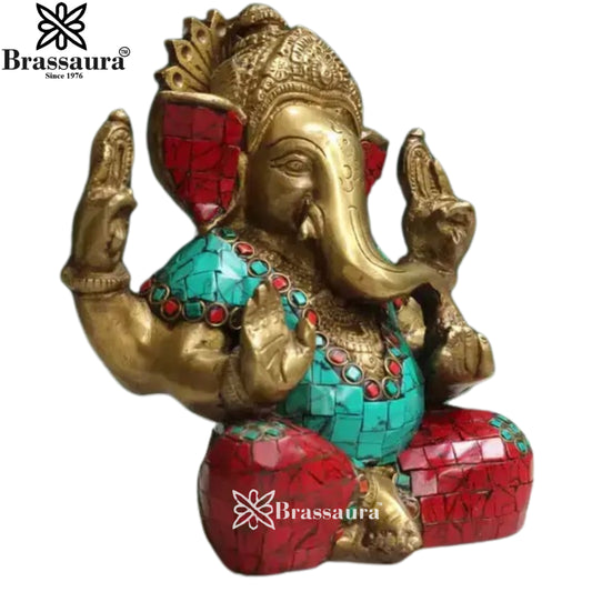 Brass Gem Stone Work Ganesha Statue Weight 2.3 Kg & Height 6.5 Inch