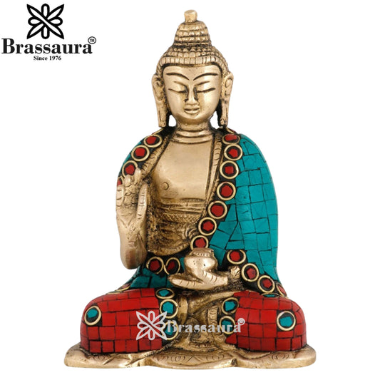 Brassaura® Buddha Sitting in Blessing Mudra Idol with Gem Stone Work Finish | Pure Superfine Brass Handcrafted Murti | Brass Statue for Home Temple, Pooja Room | Height 4.5 Inches | Weight 0.7 Kg