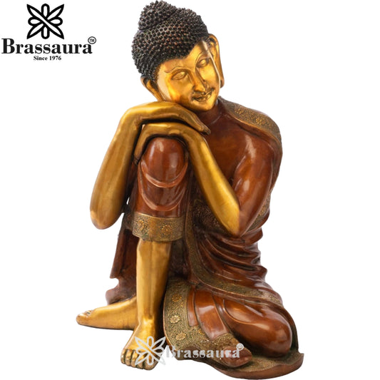 Brassaura® Buddha Resting Seated Idol with Antique Brown & Gold Finish | Pure Superfine Brass Handcrafted Murti | Brass Statue for Home Temple, Pooja Room | Height 29 Inches | Weight 55 Kgs