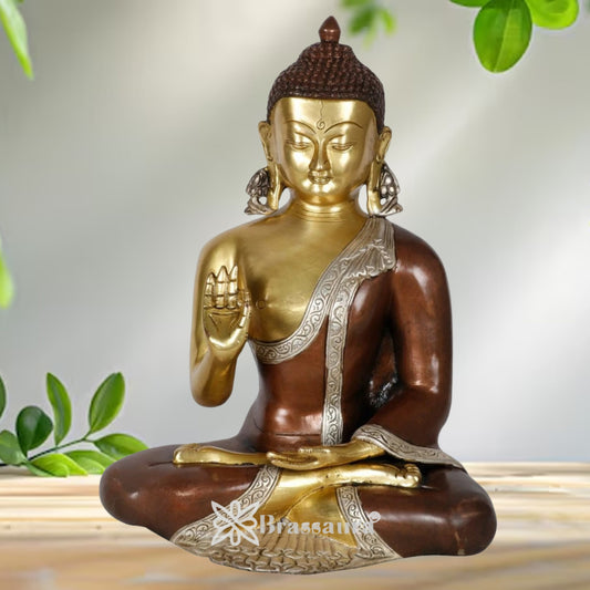 Brassaura® Buddha Seated Blessing Idol with Golden, Silver And Dark Brown Finish | Pure Superfine Brass Handcrafted Murti | Brass Statue for Home Temple, Pooja Room | Height 13 Inches | Weight 6 Kgs