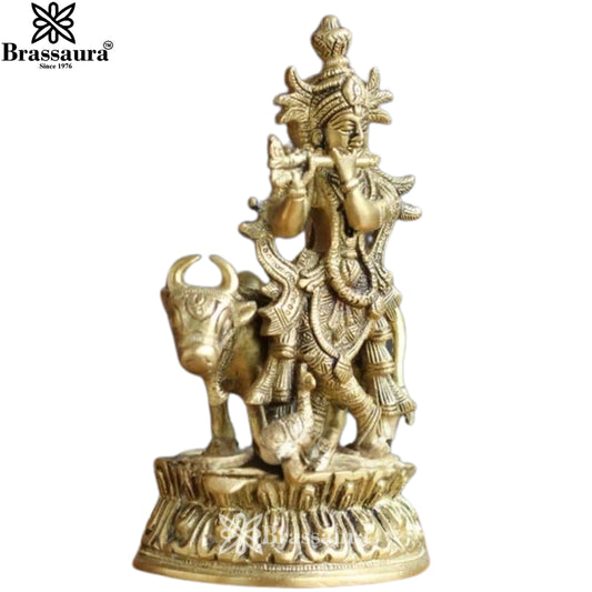 Brassaura® Premium Brass Lord Krishna Playing Flute with Sacred Cow Idol | Handcrafted Brass Krishna Murti for Home Temple, Mandir & Spiritual Décor | Height 7 Inches | Weight 1.25 Kg