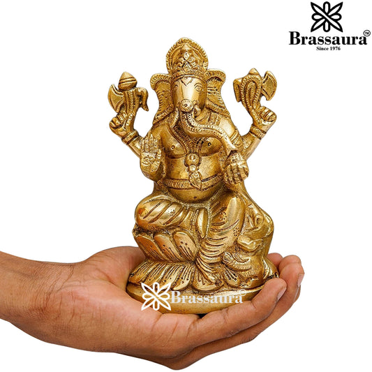 Brassaura® Lakshmi Ganesha Brass Idol Pair | Handcrafted Traditional Pooja Murti Set | Height 5.8 Inches