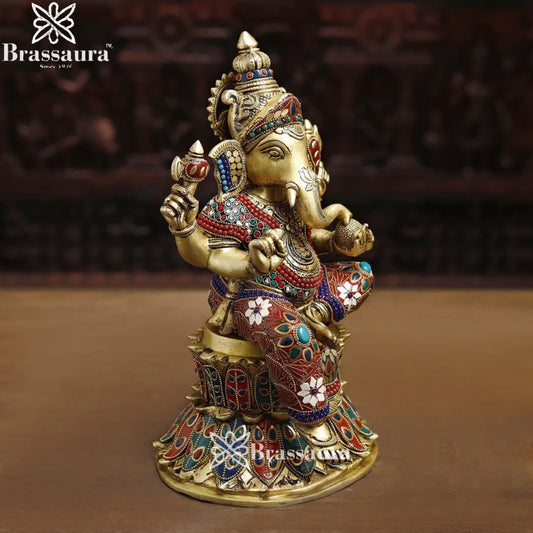 Brass Gem Stone Work Ganesha Weight 9.8 Kg & Height 14.5 Inch