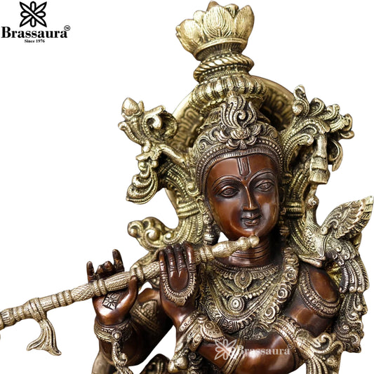 Brassaura® Vintage Finish Brass Lord Krishna Playing Flute with Sacred Cow Idol | Handcrafted Premium Brass Murti for Home Temple & Spiritual Décor | Height 28 Inches | Weight 34.6 Kg