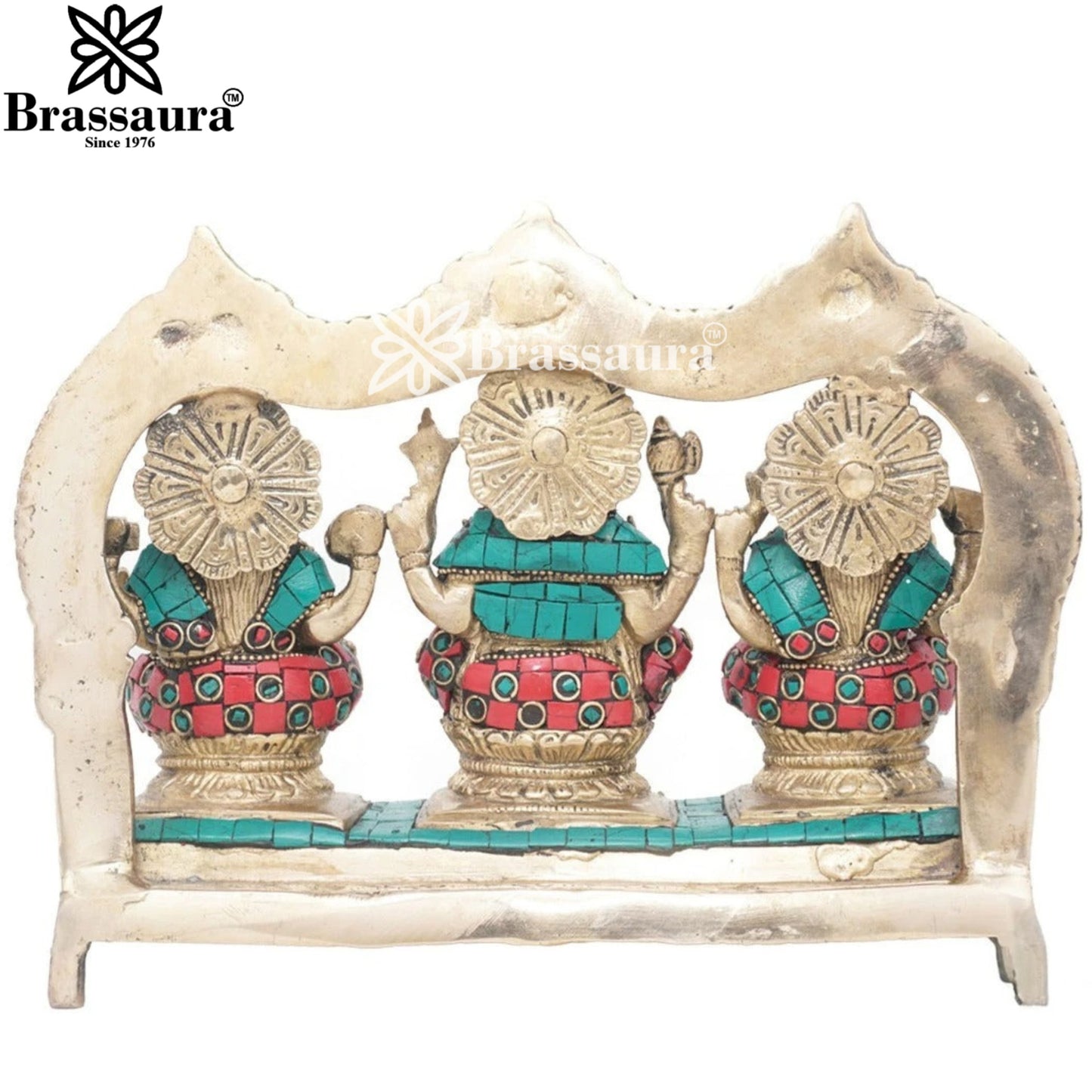 Brassaura™ Artistic Brass Gemstone Laxmi Ganesha Saraswati Statue – Height 7 Inches & Weight 3.8 Kgs | Puja Room Idol