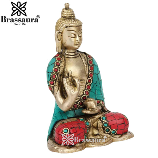 Brass Blessing Gem Stone Work Buddha Weight 0.7 kg & Height 5 Inch