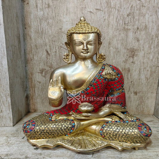 Brassaura® Buddha Sitting in Blessing Mudra Idol with Gem Stone Work Finish | Pure Superfine Brass Handcrafted Murti | Brass Statue for Home Temple, Pooja Room | Height 16 Inches | Weight 10.5 Kgs