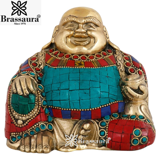 Brass Laughing Gem Stone Work Buddha Weight 1.4 kg & Height 4 Inch