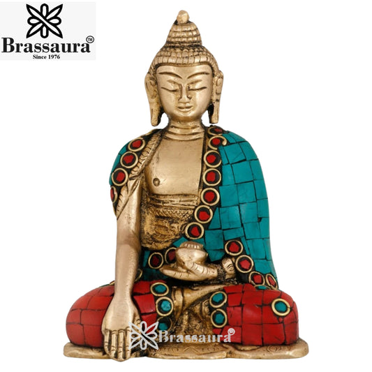Brass Blessing Gem Stone Work Buddha Weight 1.3 kg & Height 6 Inch