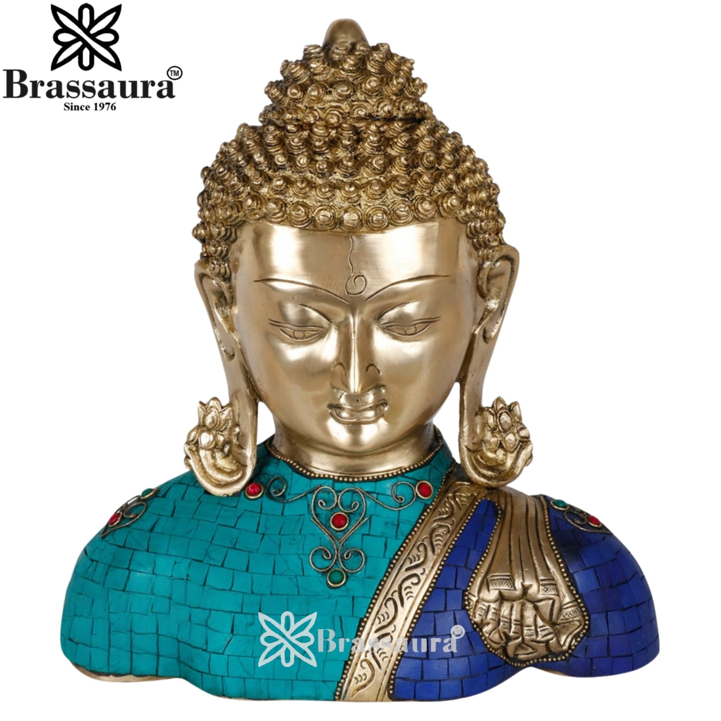 Brass Head Gem Stone Work Buddha Weight 6 kg & Height 11 Inch