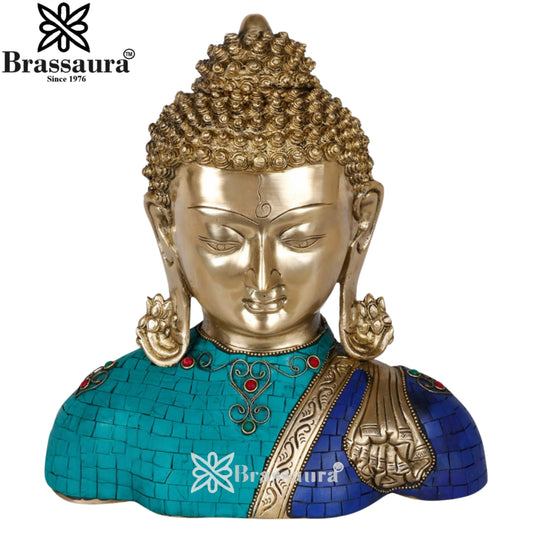 Brassaura® Buddha Bust Decorative Statue with Gem Stone Work Finish | Pure Superfine Brass Handcrafted Murti | Brass Statue for Home Temple, Pooja Room | Height 11 Inches | Weight 6 Kgs