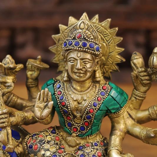 Brass Gem Stone Work Durga For Home And Décor Height 9 Inches & Weight 3.24 Kgs
