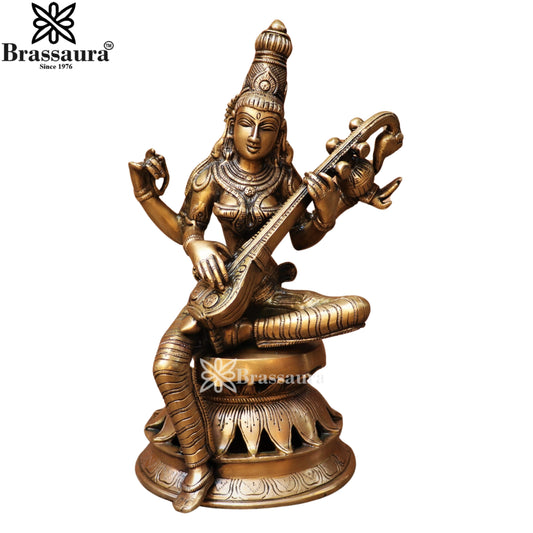 Brassaura™ Brass Saraswati Murti – Height 12.2 Inches & Weight 4.7 Kgs | Puja Room Idol