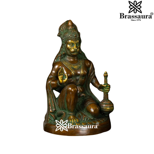 Brassaura® Hanuman Kneeling Abhaya Mudra Idol with Brown And Gold Finish | Pure Superfine Brass Handcrafted Murti | Brass Statue for Home Temple, Pooja Room | Height 10 Inches | Weight 3.6 Kgs