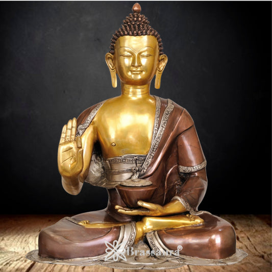 Brassaura® Buddha Sitting in Blessing Mudra Idol with Vintage Finish | Pure Superfine Brass Handcrafted Murti | Brass Statue for Home Temple, Pooja Room | Height 28 Inches | Weight 27 Kgs