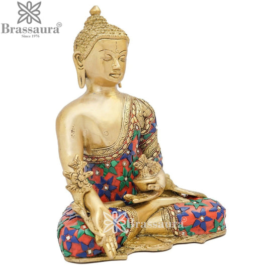 Brassaura® Buddha Sitting in Bhumisparsha Mudra with Red, Blue & Green Inlay and Antique Gold Finish | Pure Superfine Brass Handcrafted Murti | Brass Statue for Home Temple, Pooja Room | Height 10 Inches | Weight 4.2 Kgs