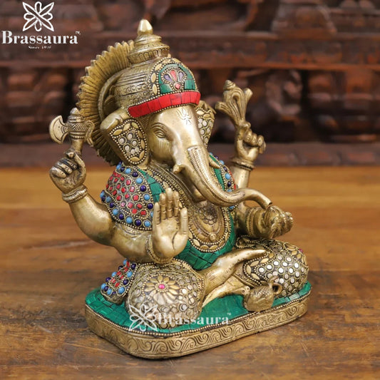Brass Gem Stone Work Ganesha Weight 5.1 Kg & Height 9 Inch