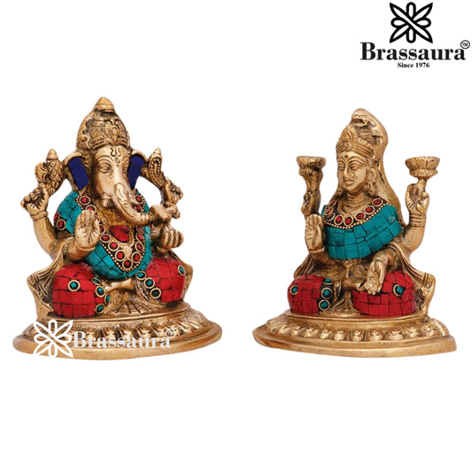 Brass Gem Stone Work Lakshmi Ganesh Weight 2.5 kg & Height 6 Inch
