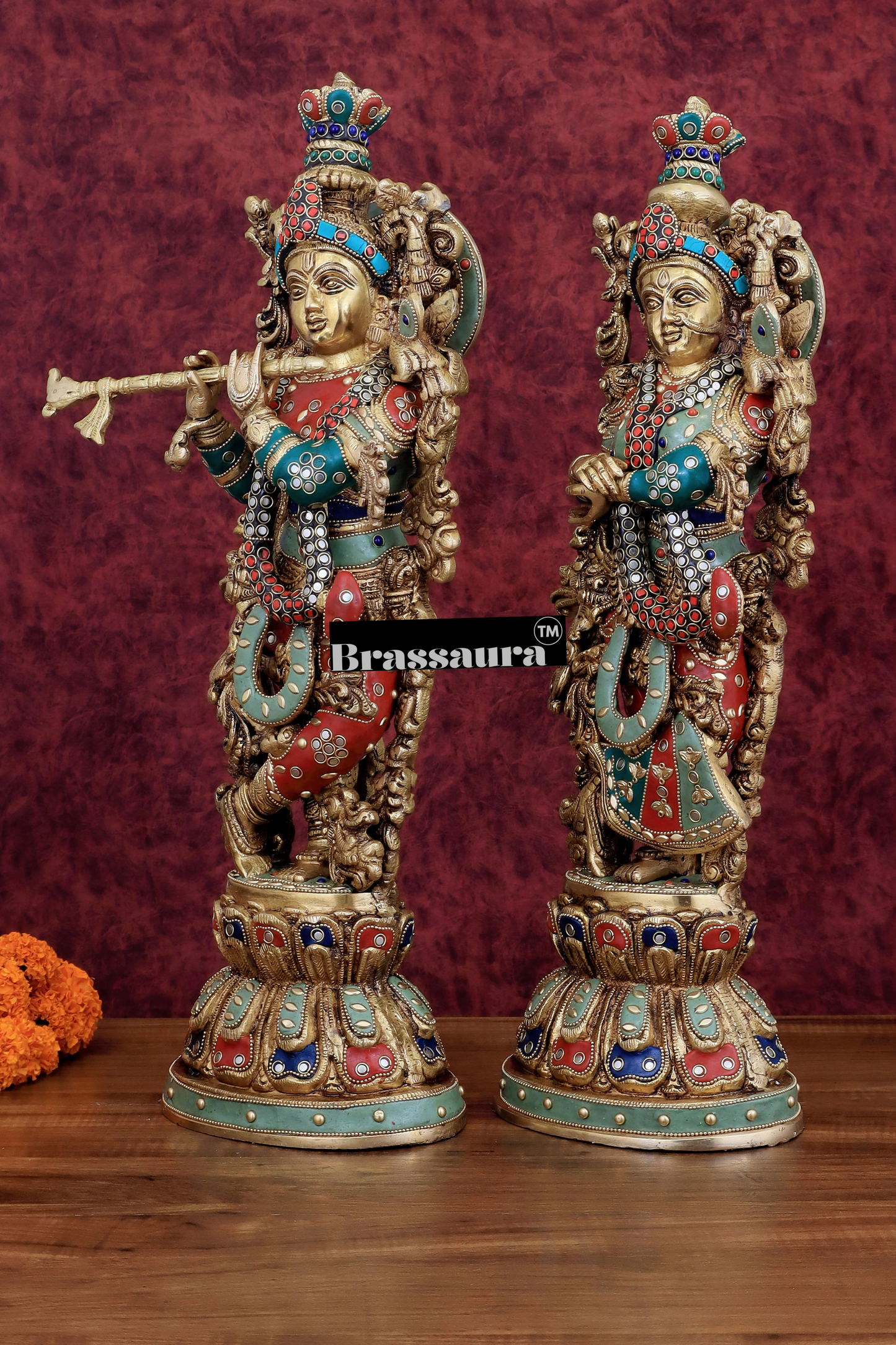 Brassaura™ Brass Radha Krishna Idol Pair – Height 21 Inches & Weight 18 Kgs | Handcrafted Devotional Statues