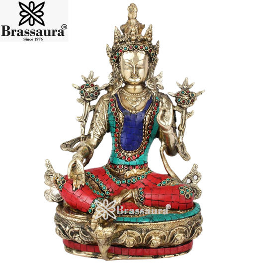Brass Gem Stone Work Tara Weight 4.9 Kg & Height 13 Inch