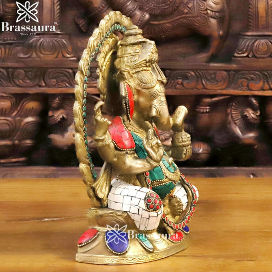 Brass Gem Stone Work Ring Ganesha Weight 3.3 Kg & Height 9.5 Inch