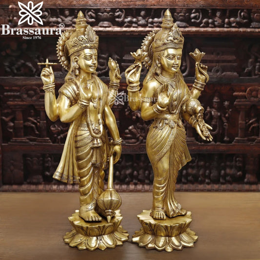 Brassaura™ Brass Vishnu Laxmi – Height 30 Inches & Weight 40.3 Kgs | Divine Couple Idol for Temple & Home Décor