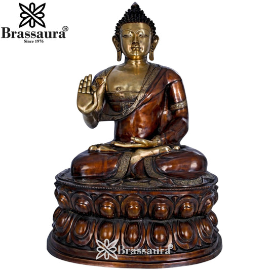 Brassaura® Buddha Sitting in Blessing Mudra Idol with Antique Brown & Gold Finish | Pure Superfine Brass Handcrafted Murti | Brass Statue for Home Temple, Pooja Room | Height 48 Inches | Weight 91 Kgs
