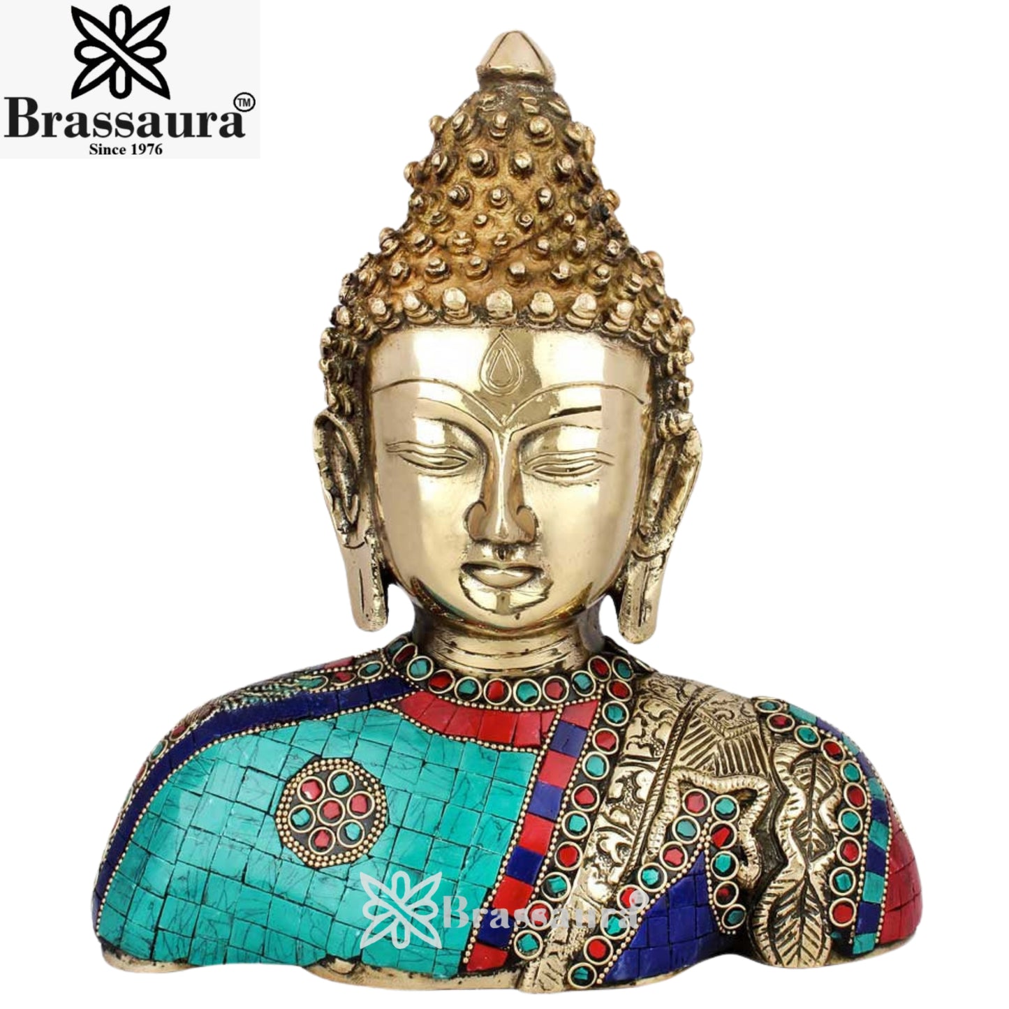 Brass Gem Stone Work Buddha Face Weight 3.4 Kg & Height 10 Inch