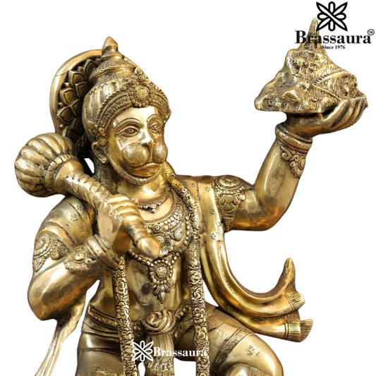 Brassaura® Hanuman Standing Holding Mountain Idol with Golden Finish | Pure Superfine Brass Handcrafted Murti | Brass Statue for Home Temple, Pooja Room | Height 27 Inches | Weight 25.28 Kgs