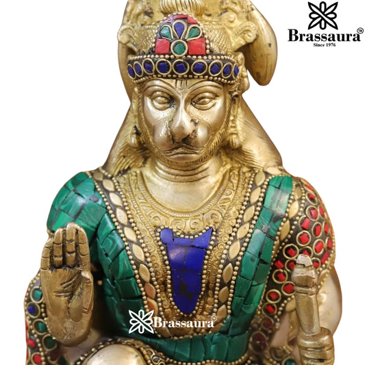 Brass Gem Stone Work Hanuman Statue Weight 5.28 Kg And Height 10 Inch