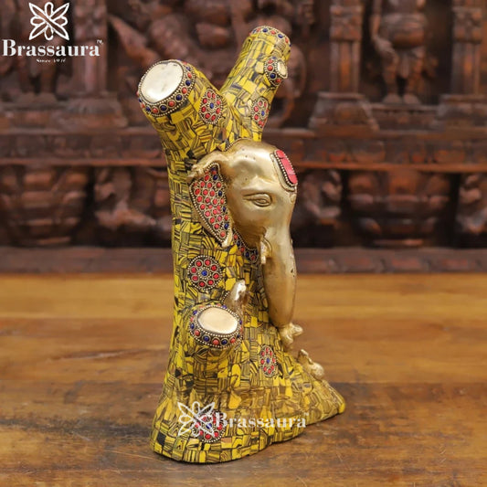Brassaura™ Brass Gem Stone Work Ganesha With Tree – Height 13 Inches & Weight 5.66 Kgs | Exquisite Handcrafted Sculpture for Temple & Home Décor