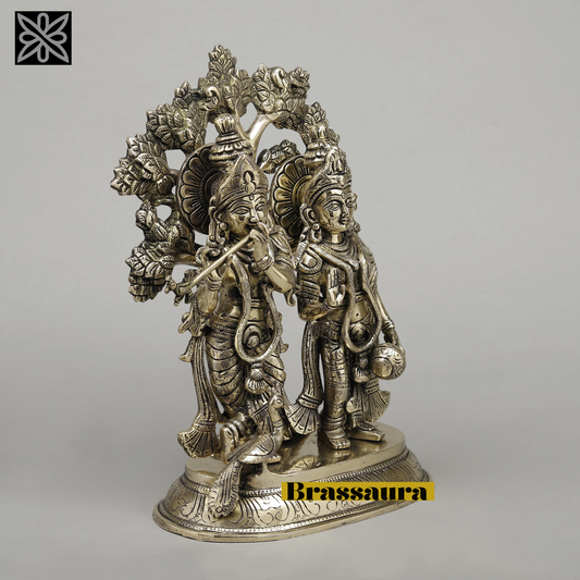 Brassaura™ Pure Brass Radha Krishna Under Tree Idol – 13.5 Inch Height, 7.860 Kg Weight – Golden Finish Statue