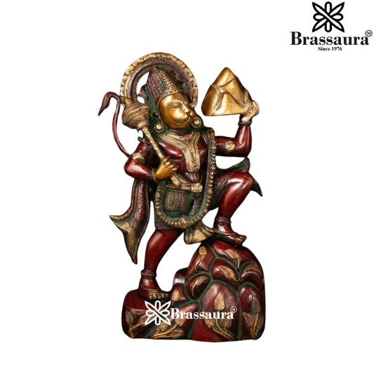 Brass Hanuman With Mountain Statue Weight 10.5 Kg And Height 16 Inch