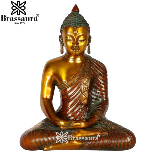 Brassaura® Buddha Bhumisparsha Mudra Sitting Idol with Antique Brown & Gold Finish | Pure Superfine Brass Handcrafted Murti | Brass Statue for Home Temple, Pooja Room | Height 13 Inches | Weight 6.5 Kgs